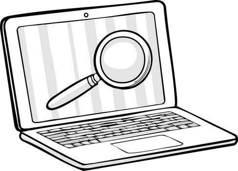 Outline illustration of laptop with magnifying glass on screen, data research concept, internet security issues, device vector