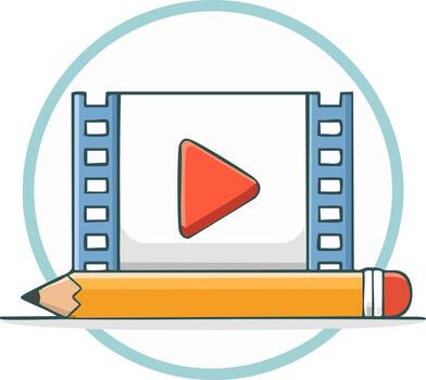 Illustrated film strip with play button and a pencil symbolizing content creation and editing vector