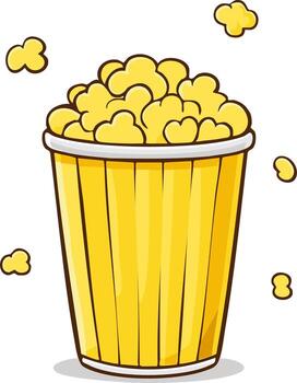 Cute cartoon popcorn spilling from a striped yellow container with floating kernels vector