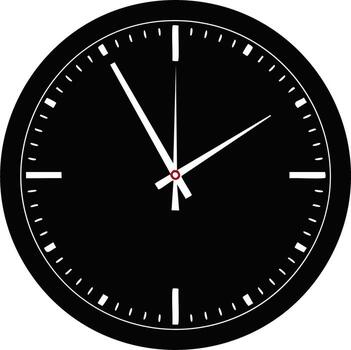 Black clock face with white hands showing time on a black dial vector