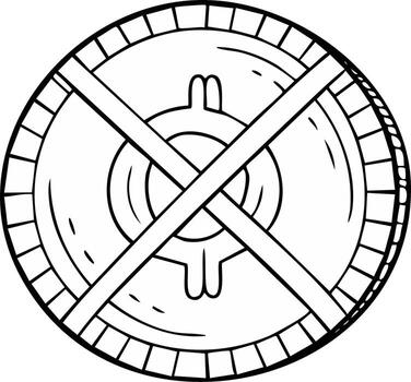 Hand drawn monochrome coin illustration with abstract symbol and crossed lines design vector
