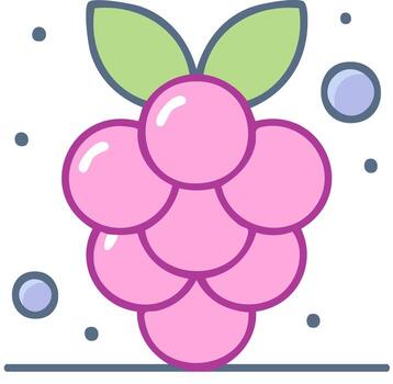 Stylized pink raspberry cluster with green leaves and floating blue dots vector