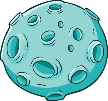 Cartoon illustration of a teal moon covered in craters suitable for space exploration or astronomical themed design projects vector