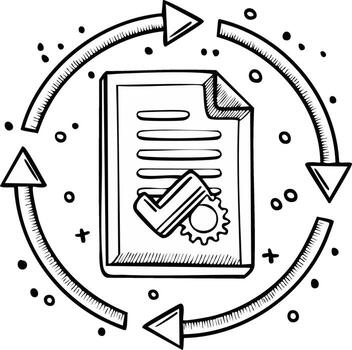 Workflow or process cycle with document, checkmark, and cogwheel icon vector