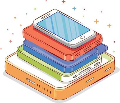 Stacked Mobile Phones, Phone Cases, Colorful Illustration, Mobile Tech, Electronic Device, Modern Cellphone Stack vector