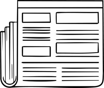 Black and white drawing of a newspaper with blank boxes and stacked pages representing information and news vector