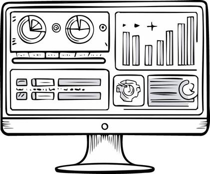 Monitor Displaying Pie Charts and Bar Graphs for Analytics and Data Visualization in Black and White vector