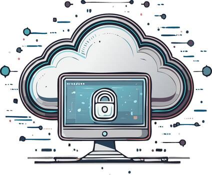 estilizado nube informática seguridad ilustración presentando monitor y candado para seguro datos y intimidad en línea vector