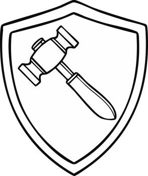 Black and White Shield Emblem with Judge's Gavel Symbol, Law and Order, Simple Outlined Symbol Design vector