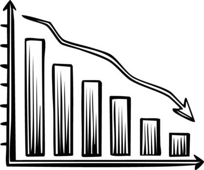 Hand drawn graph chart with arrow pointing downward showing financial decline or loss vector