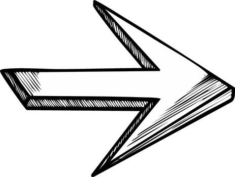 Hand drawn arrow pointing to the right with 3D perspective and sketch shading vector