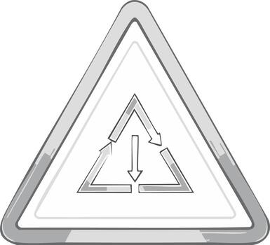 Grayscale sketch of a triangular warning sign with internal cycle arrows and a downward pointer vector