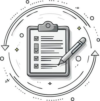 Hand drawn clipboard with a checklist and pen representing task completion, planning, and workflow vector