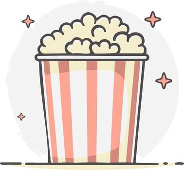 Classic Striped Popcorn Bucket Overflowing with Fluffy Kernels and Decorative Sparkles vector