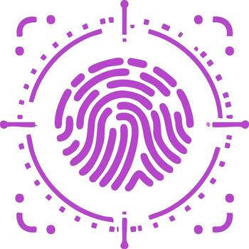Abstract purple biometric fingerprint authentication surrounded by a digital targeting system for identity access vector