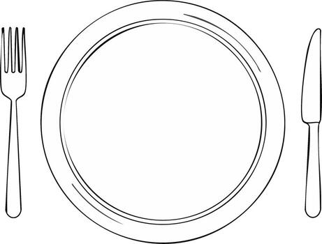 minimalista contorno de un plato con un tenedor y cuchillo conjunto para comida vector