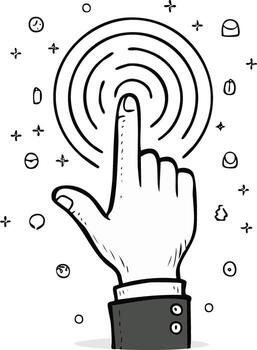 Hand touching a button with icons around it vector