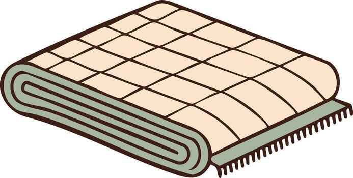 Hand drawn illustration of a folded quilted blanket or picnic rug with a checkered pattern and fringe vector
