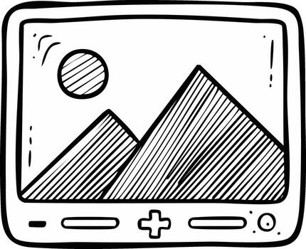 mano dibujado monocromo imagen de un retro juego consola con montaña paisaje vector