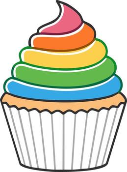 Rainbow cupcake with layered frosting in a white wrapper illustrated in a simple cartoon style vector