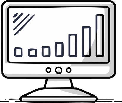 Hand drawn computer monitor icon displaying a rising bar chart for business analytics vector