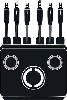 Stylized black sound mixing board with jacks, buttons, and a stylized design for audio control vector