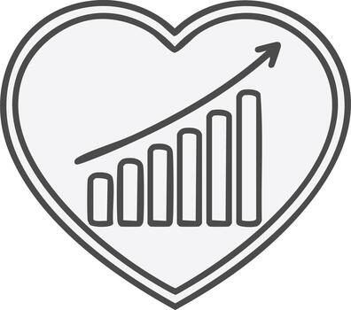 Outline Icon of a Heart with a Rising Bar Graph and Upward Arrow Symbolizing Growth and Positive Progress vector