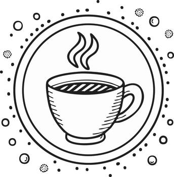Hand drawn sketch of a steaming coffee cup in a circle frame with scattered dots and circles vector