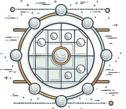 resumen circular diagrama con interconectado esferas y geométrico cuadrícula vector