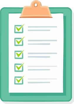 Green clipboard with a completed checklist illustration showing finished tasks and successful planning vector