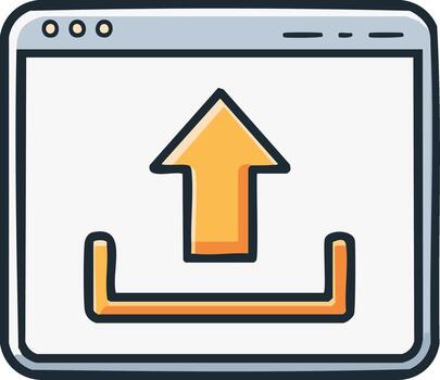 Cartoon upload icon. Arrow pointing upward, inside a computer screen vector