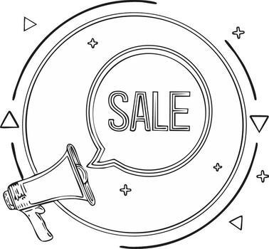 Doodle illustration of a megaphone with speech bubble stating sale and geometric shapes around it in a sketch style vector
