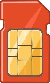 Red SIM card chip with golden contacts, data communication device vector
