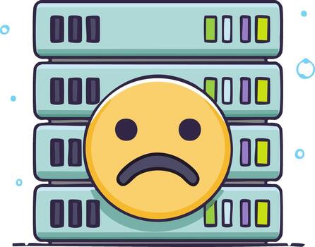 Sad Face Emoji in front of Data Server Racks, Network Trouble Icon vector