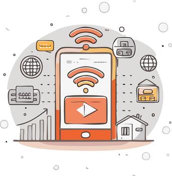 conceptual ilustración de teléfono inteligente transmisión con Wifi y Internet de cosas íconos vector