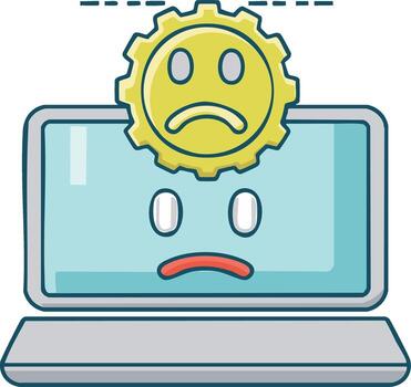 triste computadora con engranaje rueda icono ilustrando técnico problemas y sistema error dibujos animados estilo vector