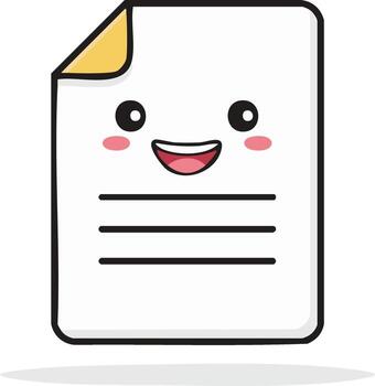 Cheerful paper document character with a happy smiling face and folded corner. Kawaii style icon illustration vector