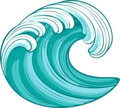 Stylized Ocean Wave Illustration with Curl and Foam Crests in Teal and White Palette vector