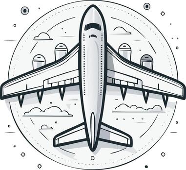 Illustration of a Passenger Airplane Flying Through the Sky with Clouds and a Circular Border vector