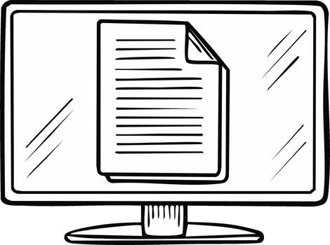 Computer screen showing document with curled page corner in outline style illustration for tech or business content vector