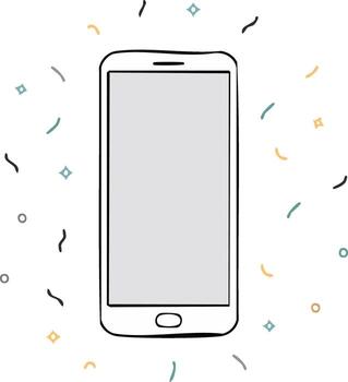 Hand drawn smartphone illustration with blank screen surrounded by playful colorful elements vector