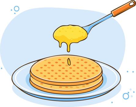 Animated illustration of stack of pancakes and spoon with syrup for breakfast vector