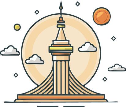 Modern architectural tower monument icon with a tall spire against a celestial background of sun and clouds vector