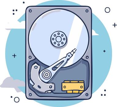 Illustration of Opened Hard Disk Drive with Data Arm and Connector Against Cloudy Sky vector