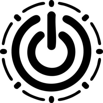 Black power symbol icon with circular graphic elements and abstract lines radiating outwards vector