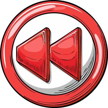 Red rewind button symbol with comic book style sketch lines and outline vector
