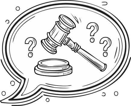 Legal questions represented by judge gavel, sound block, speech bubble, and question marks in sketchy black and white style vector