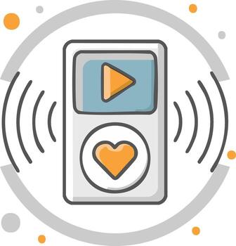 Digital music player with play button and heart icon broadcasting sound waves vector