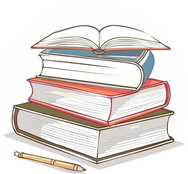 Stack of illustrated books with an open book on top and a pen vector