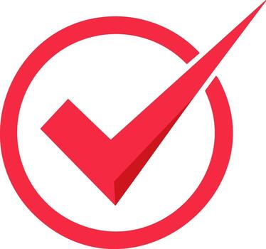 Red checkmark icon inside circle symbol representing correct right choice approval completion and success vector